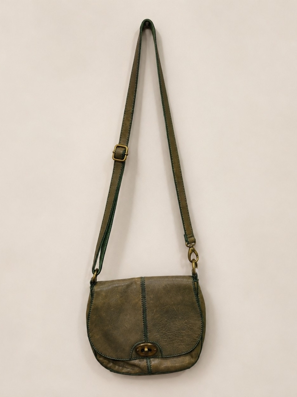 Fossil Olive Leather Crossbody Saddle Bag with Brass Hardware